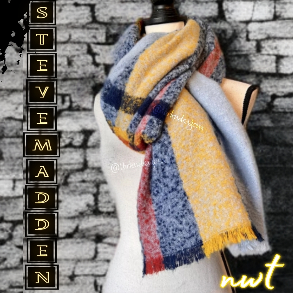 NWT Steve Madden Plaid Blanket Scarf Blue Grey White Yellow Holiday Scarf